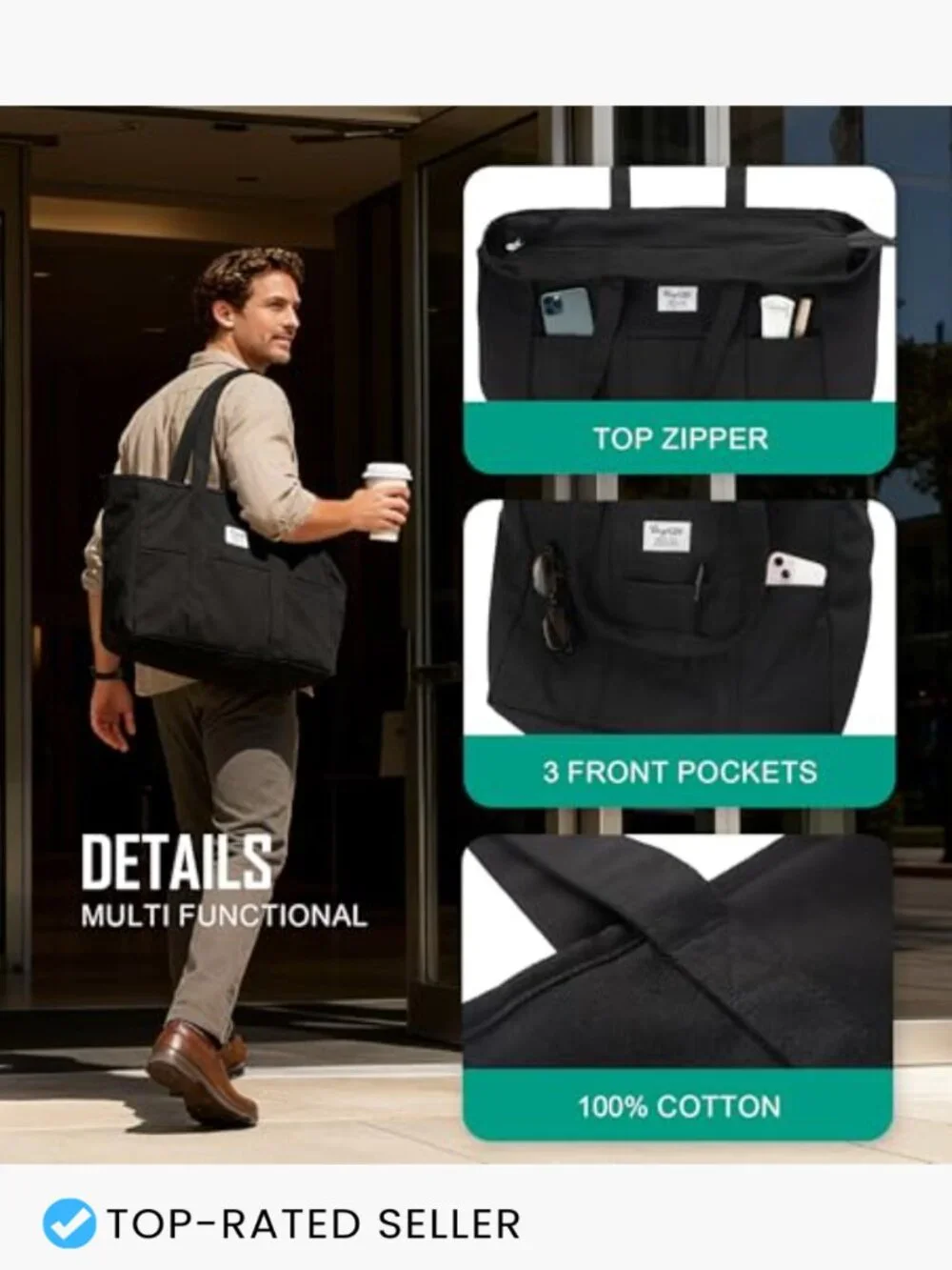 Extra Large Canvas Tote Utility Work Bag with Zipper Laptop
